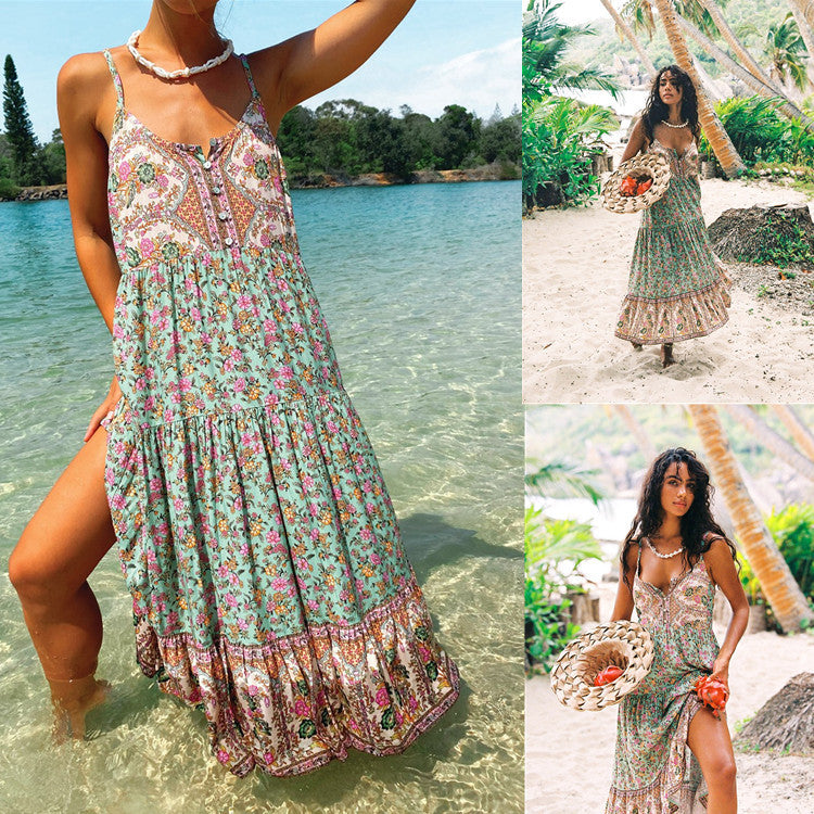 New European And American Bohemian Long Sling Floral High Waist Dress For Women