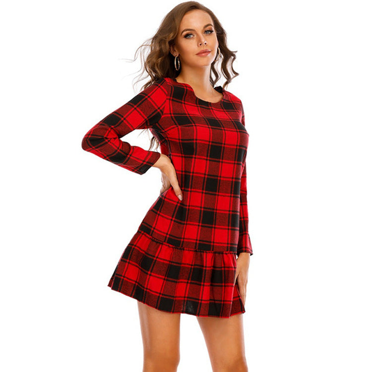 Thin Ladies Hedging Plaid Midi Skirt Fashion dress