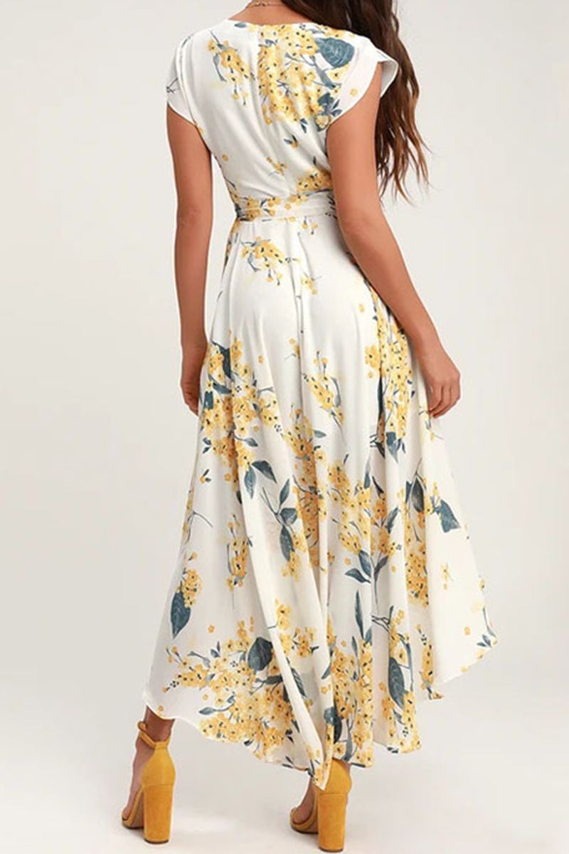 Elegant Floral Frenulum With Belt Irregular Dress Dresses