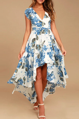 Elegant Floral Frenulum With Belt Irregular Dress Dresses