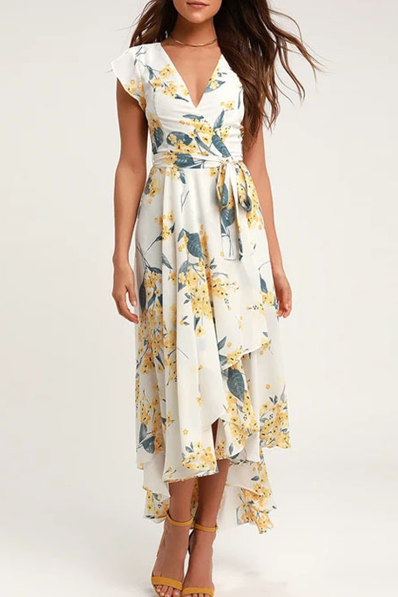 Elegant Floral Frenulum With Belt Irregular Dress Dresses