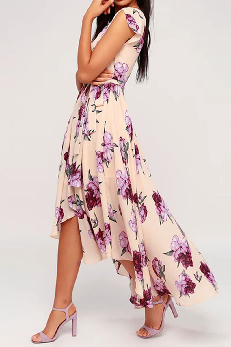 Elegant Floral Frenulum With Belt Irregular Dress Dresses