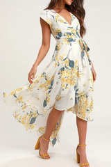 Elegant Floral Frenulum With Belt Irregular Dress Dresses