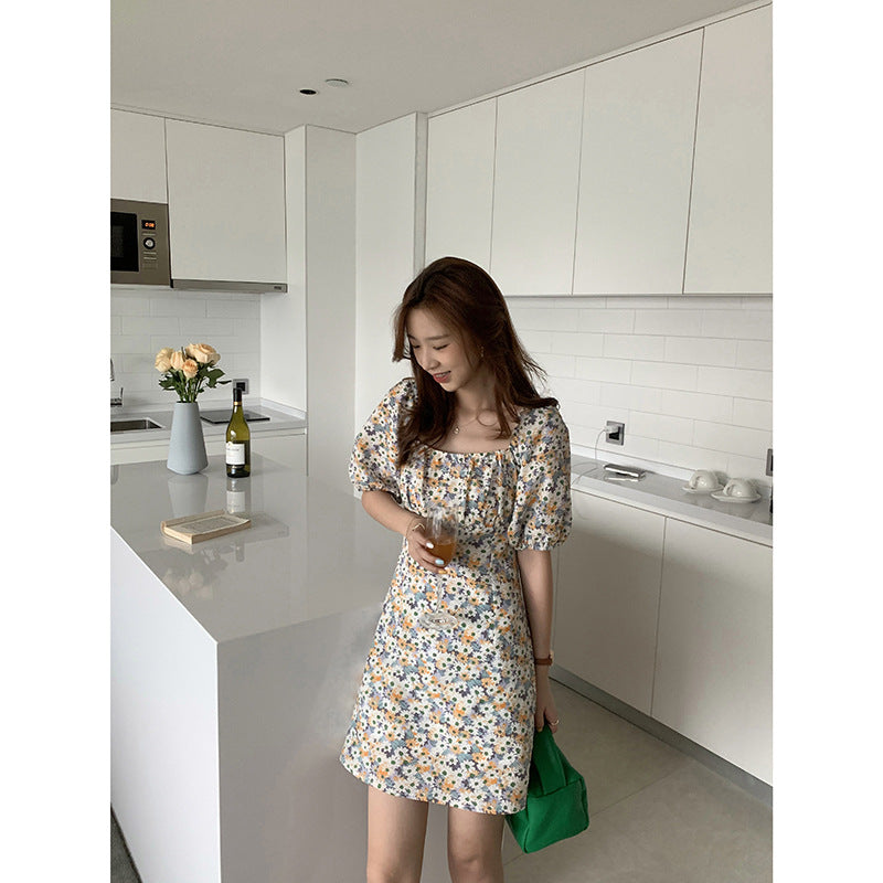 French Square Collar Floral Dress Women