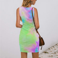 Sleeveless Round Neck Wrapped Hip Body Printed Dress