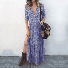 Printed long-sleeved split maxi dress