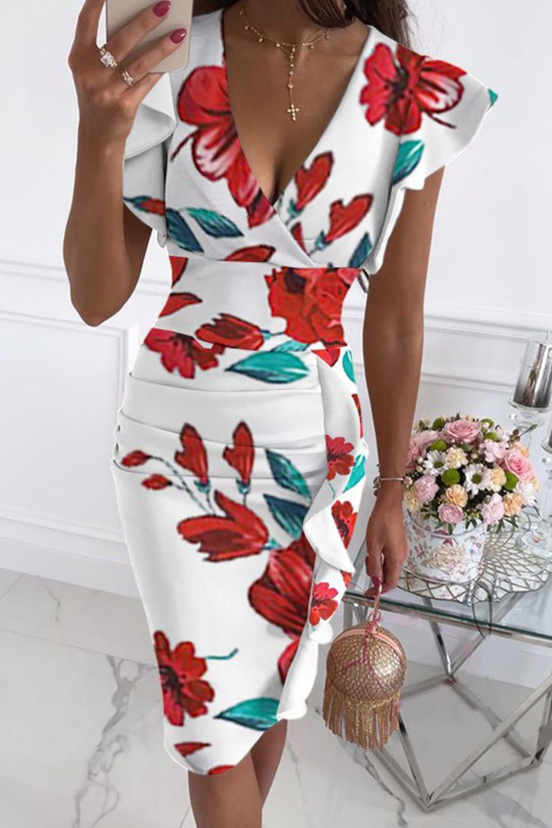 Fashion Street Print Split Joint V Neck Pencil Skirt Dresses