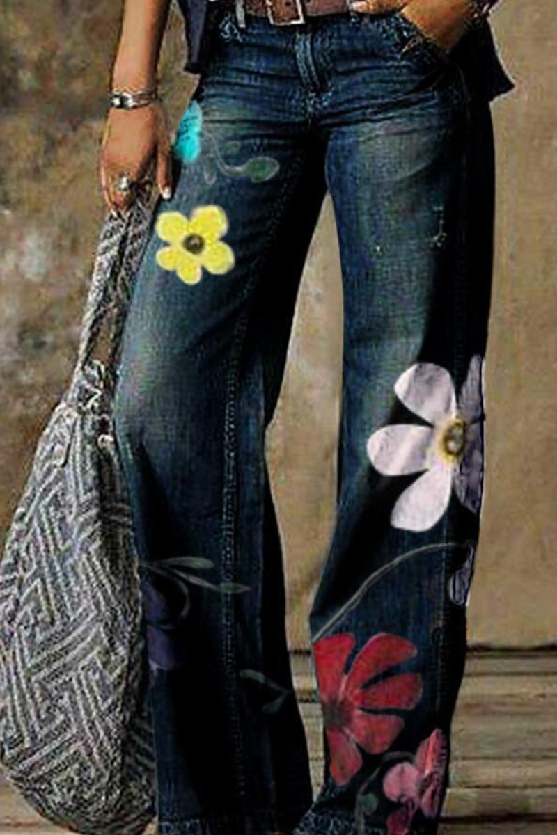 Casual Print Split Joint Mid Waist Boot Cut Denim Jeans(5 Colors)