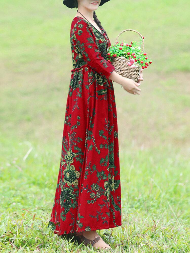 Bohemian Floral Printed Ruffles With Side Pockets Loose Maxi Dress