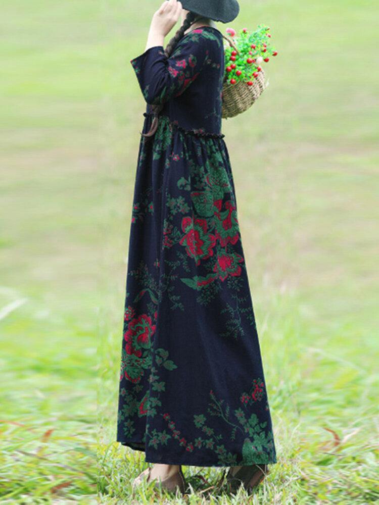 Bohemian Floral Printed Ruffles With Side Pockets Loose Maxi Dress