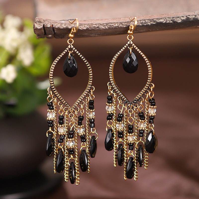 Antique gold-plated long fringed earrings for women vintage waterdrop bohemian chain earrings