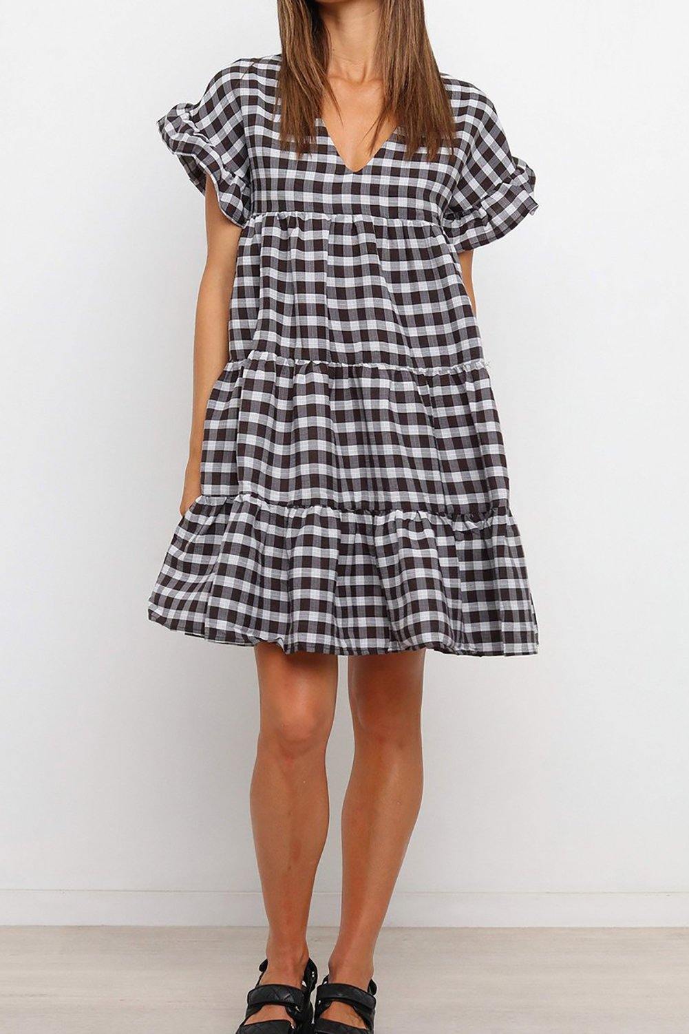 Ruffled Plaid Tiered Swing Dress