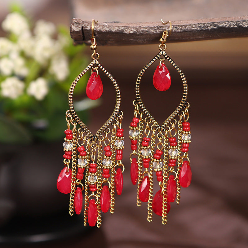 Antique gold-plated long fringed earrings for women vintage waterdrop bohemian chain earrings