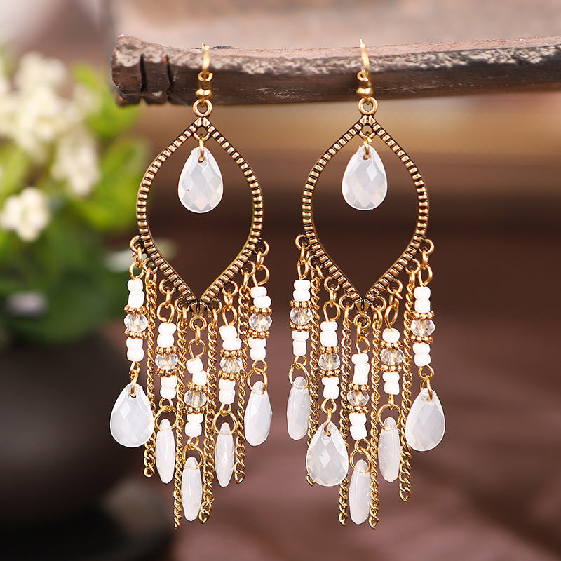 Antique gold-plated long fringed earrings for women vintage waterdrop bohemian chain earrings