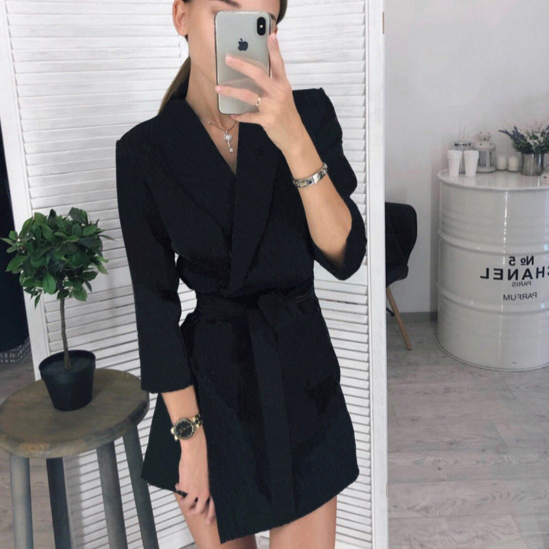 Women's solid color suit collar belt temperament short dress