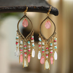 Antique gold-plated long fringed earrings for women vintage waterdrop bohemian chain earrings