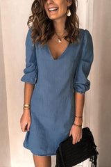 Casual V Neck Elastic Cuff Sleeve Mini Dress(5 Colors)