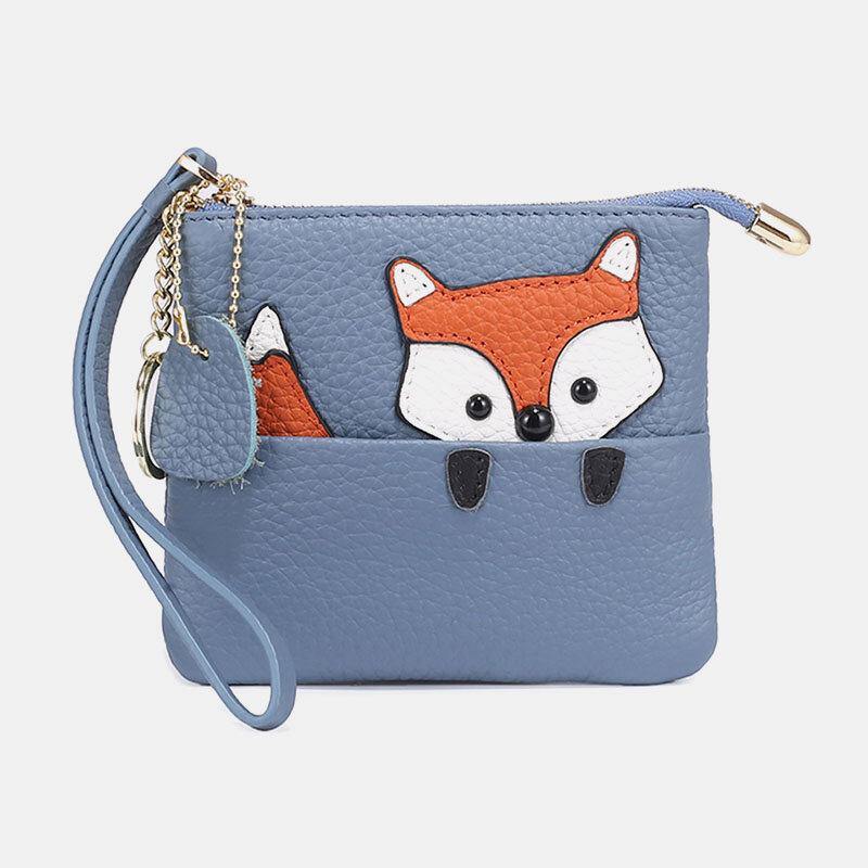 Damen-Geldbörse aus echtem Leder, lässig, niedlich, Outdoor, Cartoon-Tier-Fuchs-Muster, kleine Münztasche 