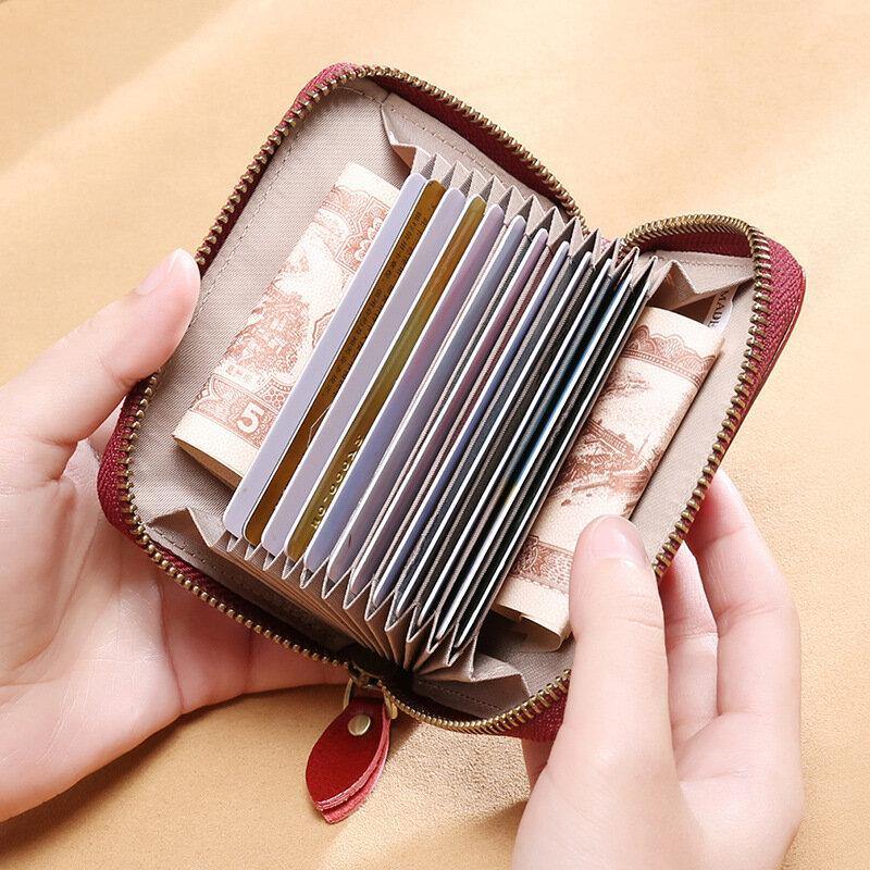 Women 12 Card Slots Rfid Genuine Leather Short Zipper Coin Purse Wallet