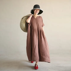 Coffee Loose Style Linen Dresses, Summer long Women Dresses ,Short Sleeve Maxi Dress 90423