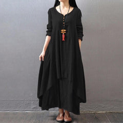 Vintage Women Casual Loose Dress Solid Long Sleeve Boho Ethnic Long Maxi Dresses