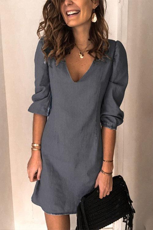 Casual V Neck Elastic Cuff Sleeve Mini Dress(5 Colors)