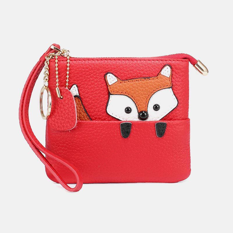 Damen-Geldbörse aus echtem Leder, lässig, niedlich, Outdoor, Cartoon-Tier-Fuchs-Muster, kleine Münztasche 