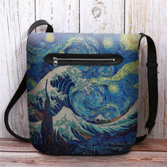 Women Felt Sea Wave Starry Sky Pattern Oil Painting Style Prints Crossbody Bag Shoulder Bag