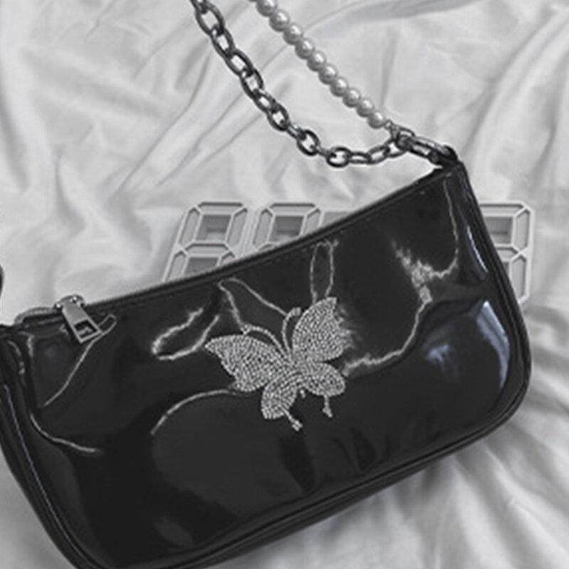 Bolso cuadrado pequeño con patrón de mariposas y cadena de diamantes de imitación con perlas de cuero PU para mujer, bolso de hombro 