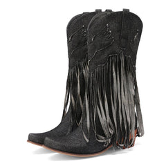 Womens Fringe Denim Western Cowboy Short Boots