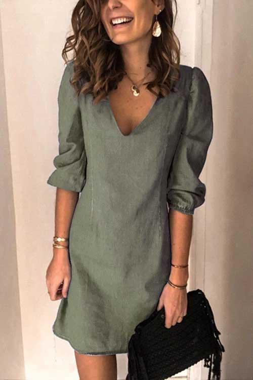 Casual V Neck Elastic Cuff Sleeve Mini Dress(5 Colors)