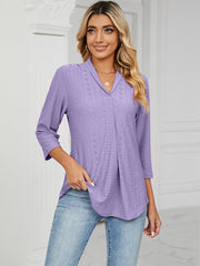 Women's T-Shirts V-Neck Pleated Casual Loose Medium Sleeve T-Shirt