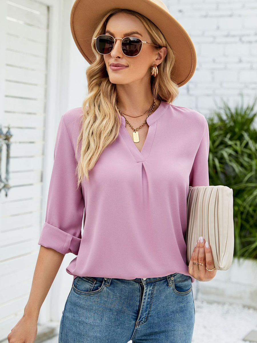 Women’s T-Shirts Solid Color Chiffon Loose V-Neck Long Sleeve T-Shirt