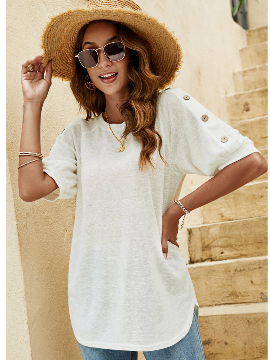 Women's T-Shirts Loose Round Neck Button Casual Half-Sleeve T-Shirt