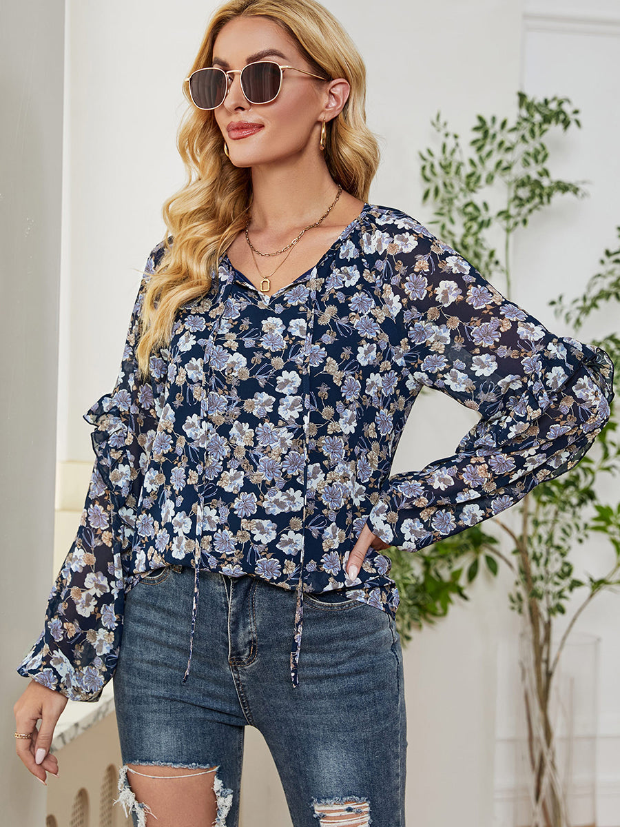 Women’s T-Shirts Long Sleeve Floral Printed Loose Chiffon T-Shirt