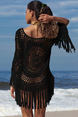 Black Hollow Tassel Solid Color Swimsuits Cover Up