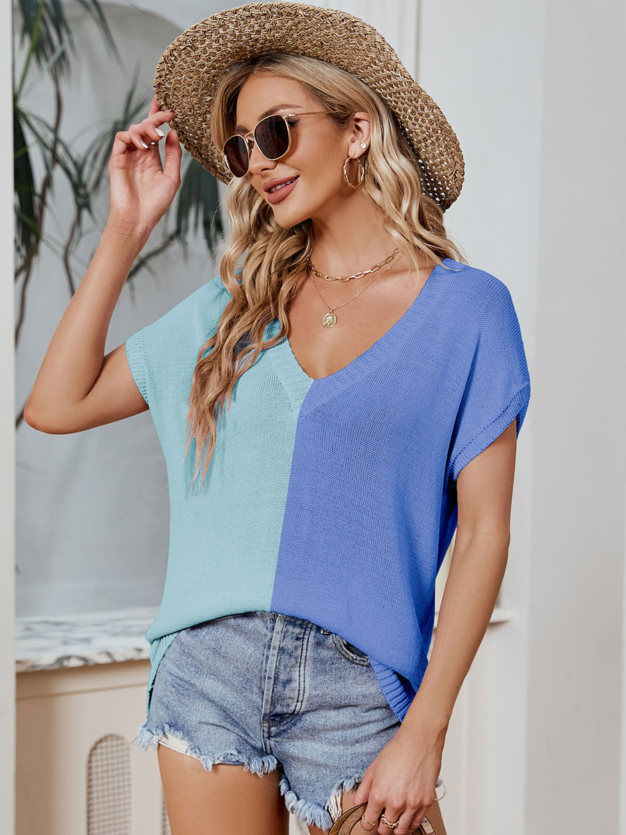 Women's T-Shirts V-Neck Color Contrast Loose Casual T-Shirt