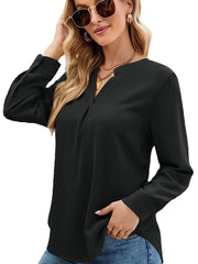 Women’s T-Shirts Solid Color Chiffon Loose V-Neck Long Sleeve T-Shirt