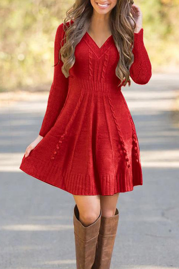 Loose Solid Color Deep V Knitted Dress