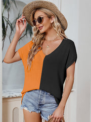 Women's T-Shirts V-Neck Color Contrast Loose Casual T-Shirt