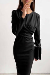 Fashion Long Sleeve Waist Midi Dress