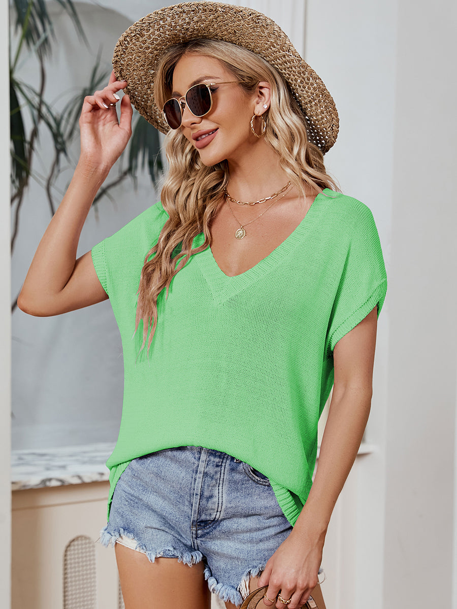 Women's T-Shirts V-Neck Color Contrast Loose Casual T-Shirt