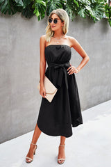 Strapless Asymmetrical Hem Belted Dress