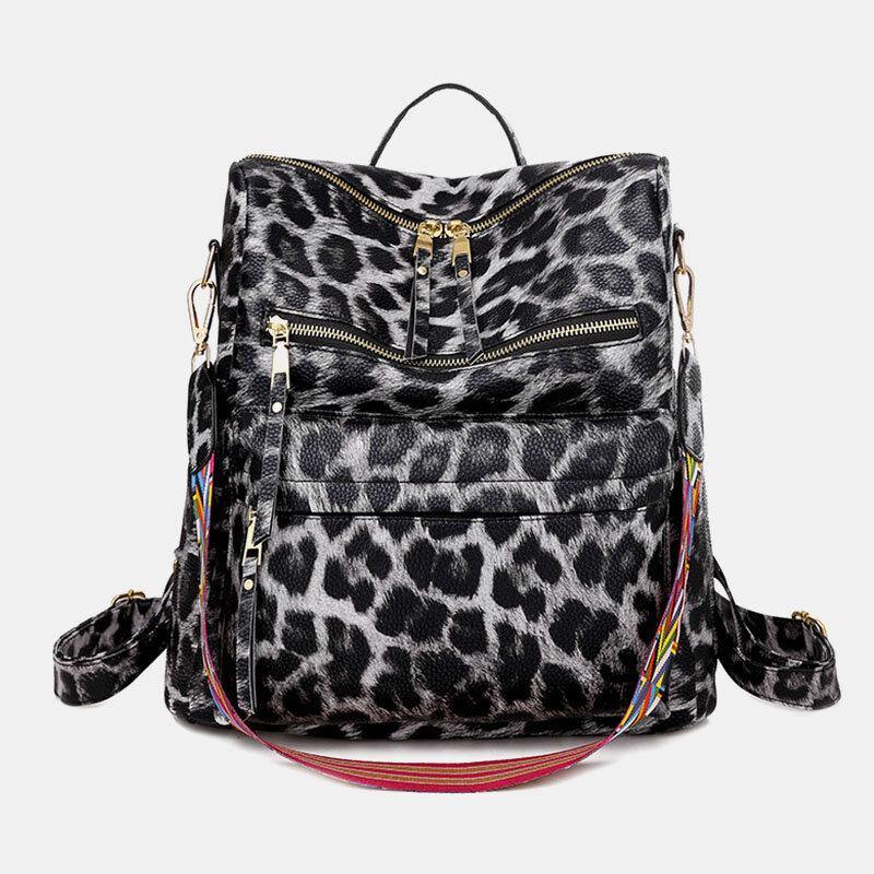 Damen-Rucksack aus Kunstleder mit Leoparden- und Blumenmuster, modisch, lässig 