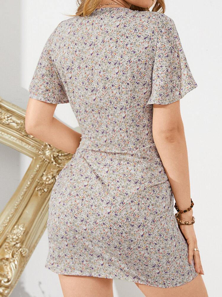 Daily Casual Floral Wrapped Body Tie V-neck Short Printed Mini Dress