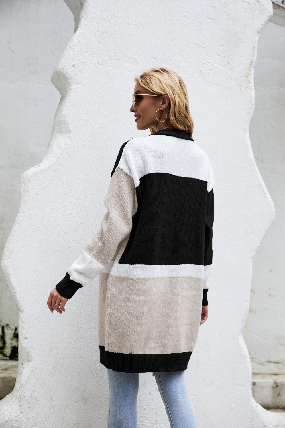 Farbblock-Cardigan mit geripptem Saum und offener Vorderseite