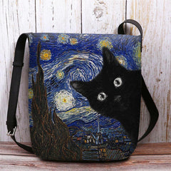 Las mujeres sintieron lindo patrón de gato de dibujos animados casual con pinturas de galaxia de noche estrellada bandolera bolso de hombro 