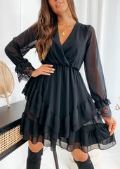 Turtleneck Long Sleeve V-Neck Ruffle Skirt Chiffon Dress