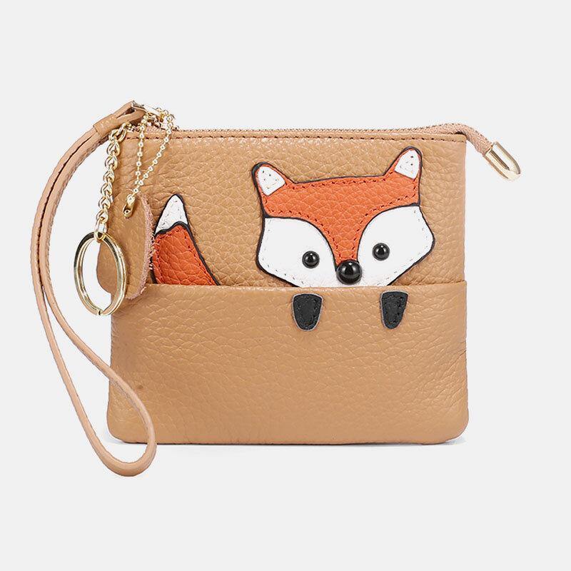 Damen-Geldbörse aus echtem Leder, lässig, niedlich, Outdoor, Cartoon-Tier-Fuchs-Muster, kleine Münztasche 