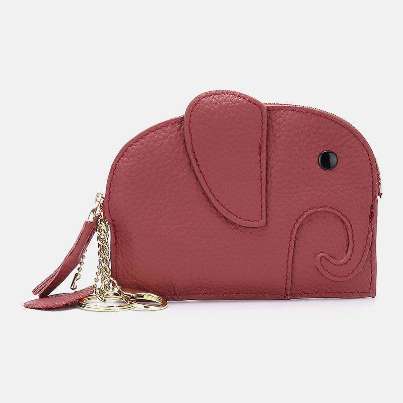 Women Genuine Leather Casual Cute Animal Elephant Pattern Mini Keychain Coin Bag Storage Bag